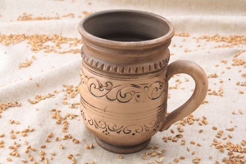 16 oz white tall clay ceramic coffee cup in rustic style with handle - MADEheart.com