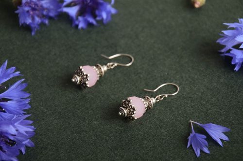 Beautiful tender cute handmade small copper earrings with synthetic pink crystal - MADEheart.com