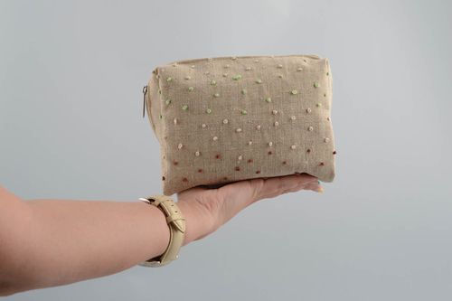 Handmade designer gray sailcloth cosmetics bag with embroidered dots and zipper - MADEheart.com