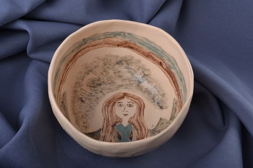 Unusual handmade white clay bowl painted with engobes 0.3 l - MADEheart.com