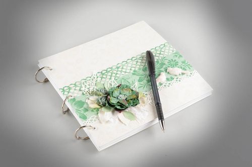 Handmade white and turquoise designer wedding well wishes guest book with flower - MADEheart.com