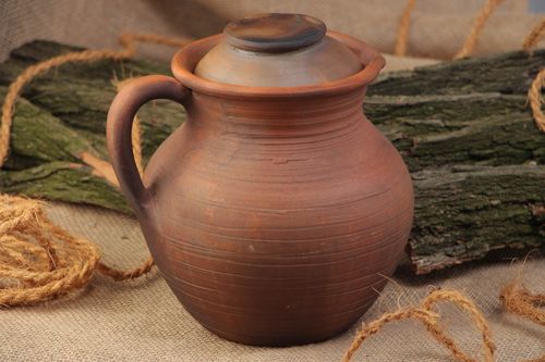 100 oz ceramic pot pitcher with handle and lid in brown color 3 lb - MADEheart.com