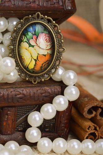 Handmade oval brooch with metal basis and floral pattern coated with glass - MADEheart.com