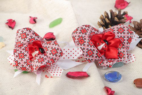 Set of handmade kanzashi satin fabric hair ties 2 pieces for girl - MADEheart.com