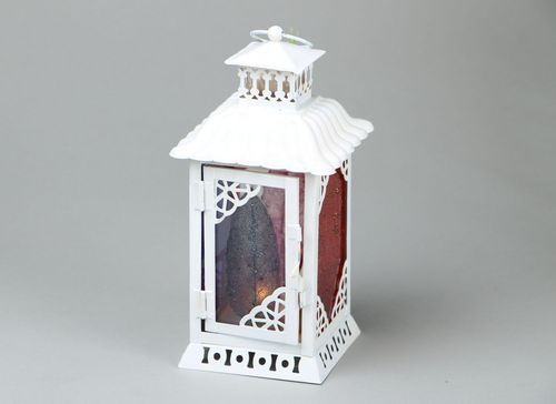 White metal candle lantern in Moroccan style with red & blue glass 8,66 inches, 0,94 lb - MADEheart.com