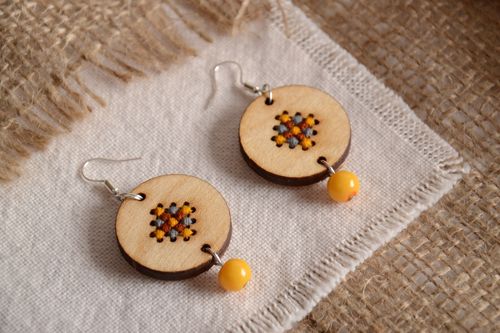 Handmade round plywood earrings with cross-stitch embroidery in eco style - MADEheart.com