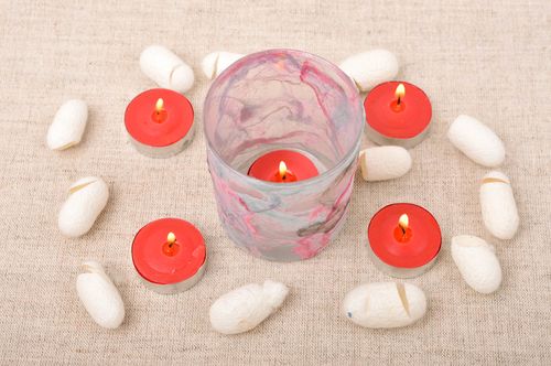 Glass one tea light candle holder in pink and grey colors 3,54 inches, 0,45 lb - MADEheart.com