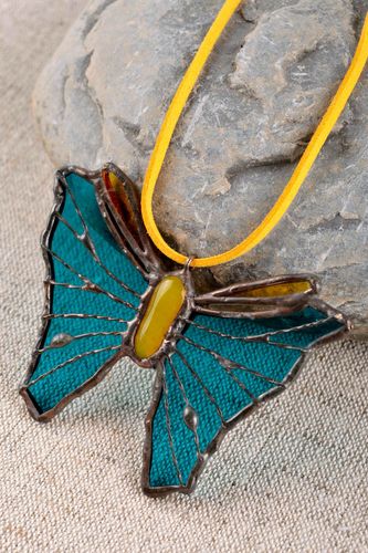 Handmade designer butterfly glass pendant with leather lace present for girl - MADEheart.com