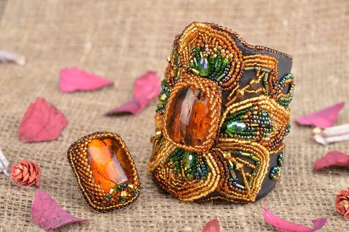 Set of jewelry made of natural leather embroidered with beads ring and bracelet - MADEheart.com