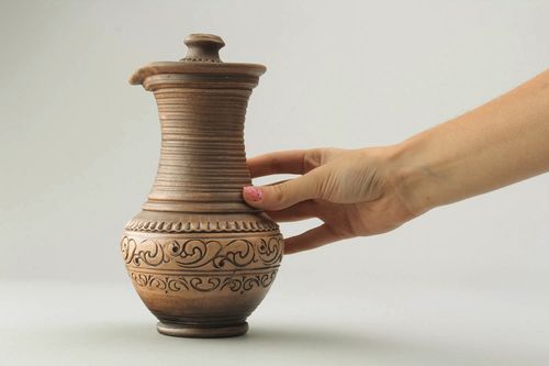 20 oz ceramic white clay water jug without handle with a long neck and lid 1,25 lb - MADEheart.com