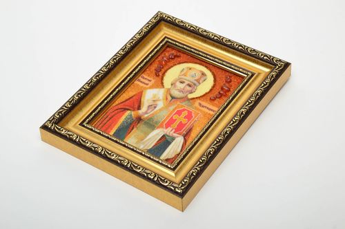 Icon of the Saint Nikolas the Wonderworker decorated with amber - MADEheart.com