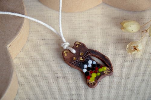 Handmade ceramic pendant unusual cat jewelry designer accessory present - MADEheart.com