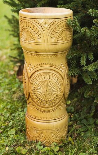 11 inches wooden handmade light color vase with hand carvings 1,5 lb - MADEheart.com