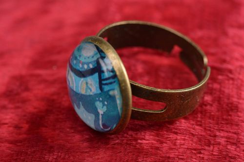 Handmade blue pattern decoupage round ring with epoxy resin on metal basis - MADEheart.com