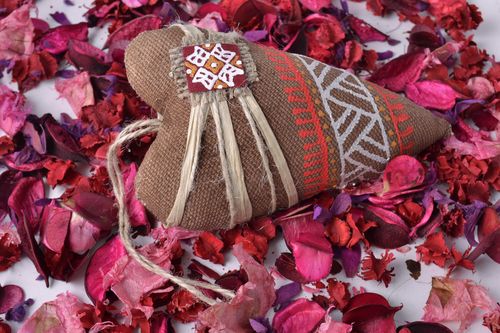 Handmade decorative heart-shaped wall hanging sewn of fabric with coffee aroma - MADEheart.com