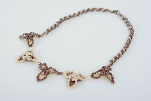Unusual lilac handmade designer woven beaded necklace evening jewelry - MADEheart.com