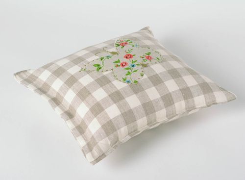 Handmade accent pillow sewn of light checkered linen with applique work Butterfly - MADEheart.com
