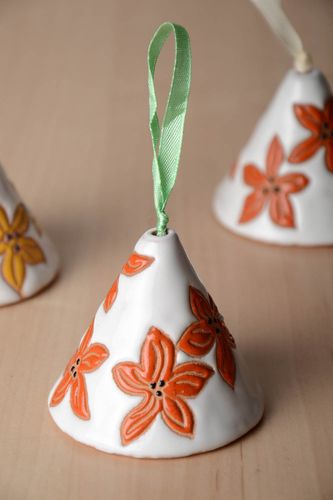 Handmade decorative hanging glaze ceramic white bell with orange flowers - MADEheart.com