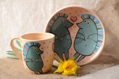 Juego de cocina de 2 artículos original taza y plato cerámico hechos a mano - MADEheart.com