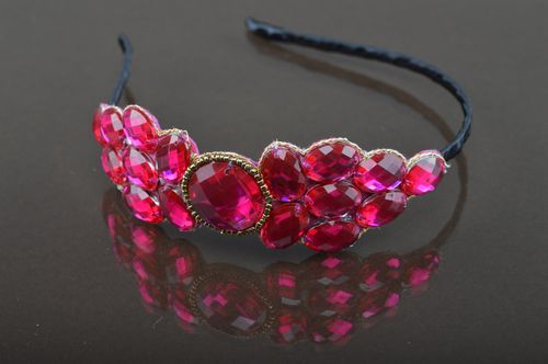 Thin handmade headband with stones and beads of crimson color for girls - MADEheart.com