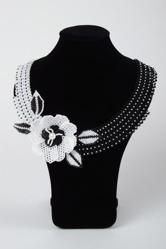 Handmade beautiful necklace made of Czech beads with a large black and white flower - MADEheart.com