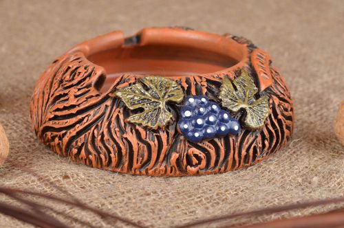 Handmade stylish beautiful ceramic brown ashtray decorated with stucco - MADEheart.com