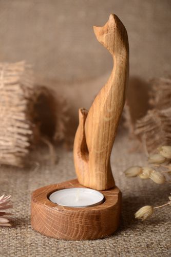 Handmade wooden tea light cat figurine candle holder 5,5 inches, 0,14 lb - MADEheart.com