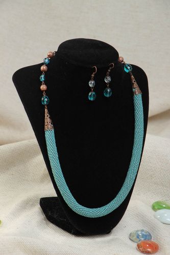Set of handmade designer jewelry beaded cord necklace and dangling earrings - MADEheart.com