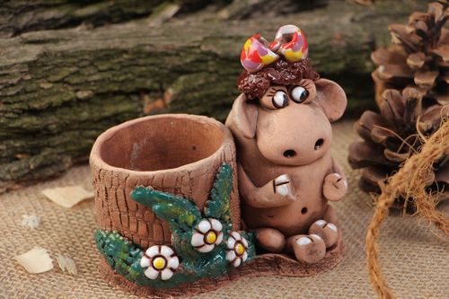 Handmade designer ceramic holder for pencils and other stationery with figurine - MADEheart.com