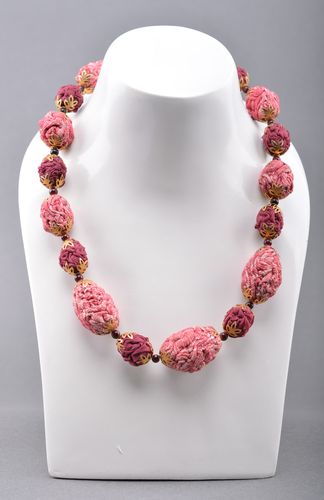Textile bead necklace with manually squeezed fabric balls of lilac color - MADEheart.com