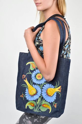 Sac à main Accessoire femme fait main grand bleu coton floral Cadeau original - MADEheart.com