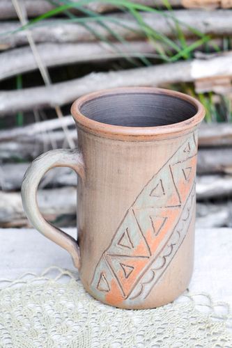 13 oz clay tall cup for tea in olive and brown color with handle  - MADEheart.com