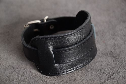 Stylish handmade black genuine leather wide bracelet unisex - MADEheart.com