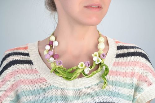 Unusual beautiful handmade crochet soft ball necklace with flowers - MADEheart.com