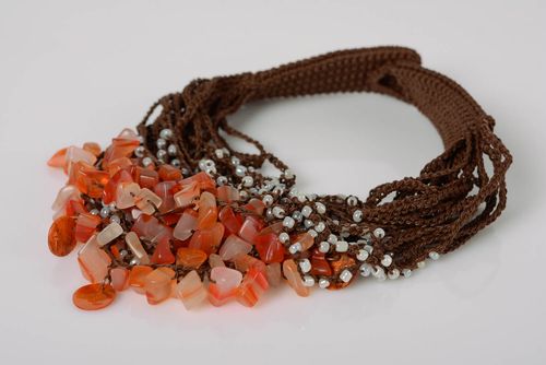 Brown and pink handmade designer massive crochet necklace with beads and coral - MADEheart.com
