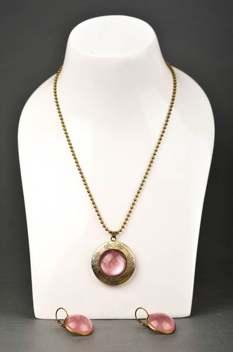 Schmuck Set handmade Mode Accessoires Halskette mit Anhänger Damen Ohrringe rosa - MADEheart.com