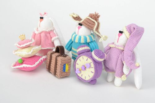 Beautiful colorful handmade crochet soft toys set 3 pieces Hares - MADEheart.com