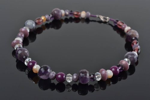Handmade designer agate crystal and glass beaded necklace in violet color shades - MADEheart.com