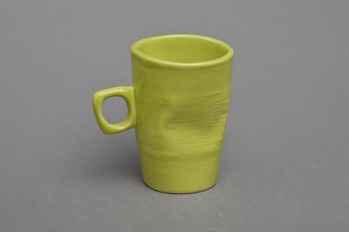 Fake plastic ceramic crinkled cup of yellow, green color with handle - MADEheart.com