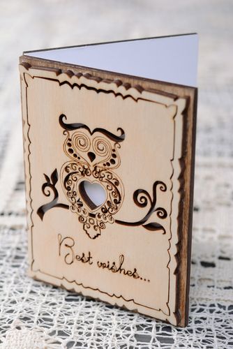 Belle carte de voeux en bois faite main avec hibou gravure laser originale - MADEheart.com