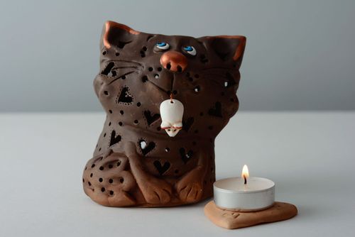 Little kitty brown ceramic tea light candle holder 4,72 inches, 0,65 lb - MADEheart.com