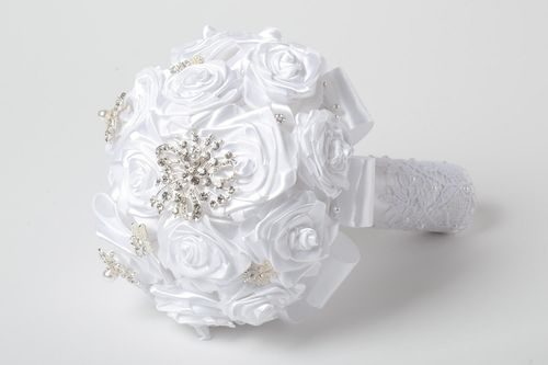 Snow white festive handmade wedding bouquet with satin ribbon flowers - MADEheart.com
