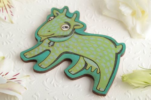 Small green handmade designer painted wooden fridge magnet Little Goat - MADEheart.com