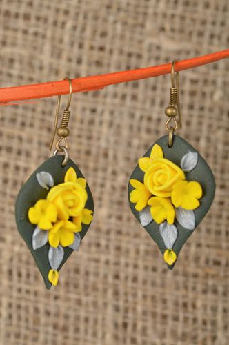 Polymer clay handmade designer earrings with yellow roses beautiful accessory - MADEheart.com