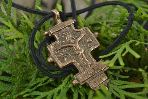 Large handmade cross pendant necklace cast of bronze on black cord with crucifix - MADEheart.com