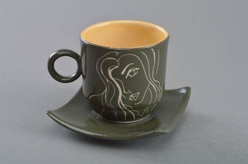Elegant espresso coffee ceramic dark green color cup with handle and coffee. Great gift for a woman. - MADEheart.com