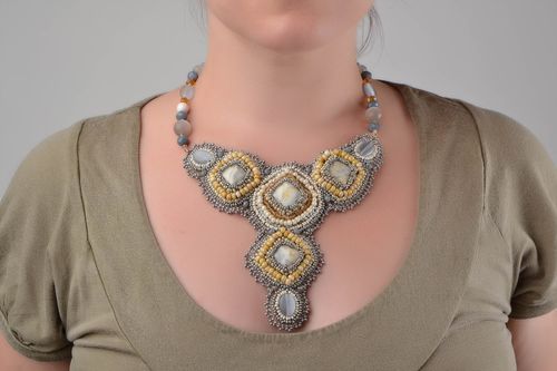 Unusual beautiful gray handmade designer beaded necklace with natural stones - MADEheart.com