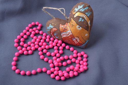 Handmade decorative soft heart sewn of fabric with coffee aroma and ornaments - MADEheart.com