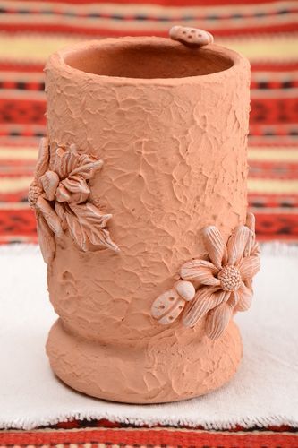 5-inch handmade clay flower vase with molded flower ornament 1 lb - MADEheart.com