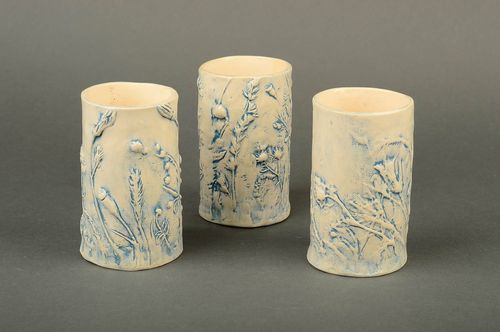 Three decorative ceramic tall white and blue coffee cups with field flowers pattern - MADEheart.com